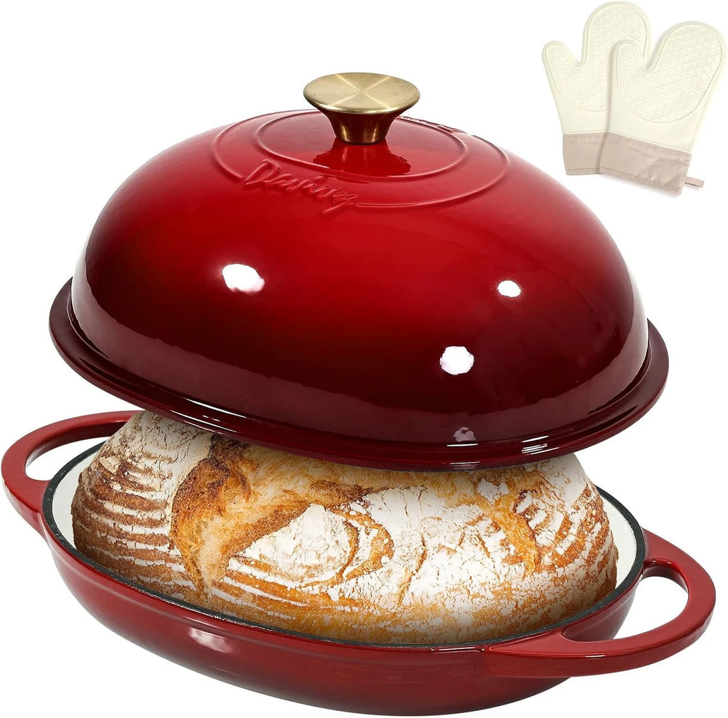 6QT Oval Cast Iron Dutch Oven with Silicone Mitts for Sourdough Baking