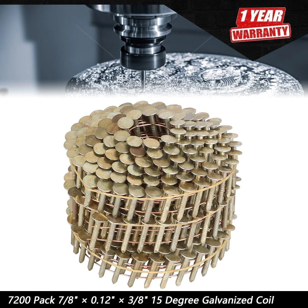 7200 Pack Galvanized Coil Roofing Nails 7/8" × 0.12" × 3/8" 15 Degree