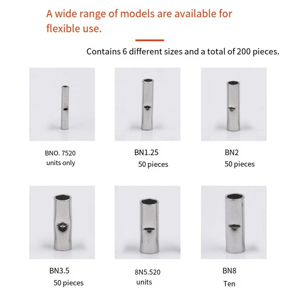 200PCS Non Insulated Butt Connectors for Auto Electrical Terminals