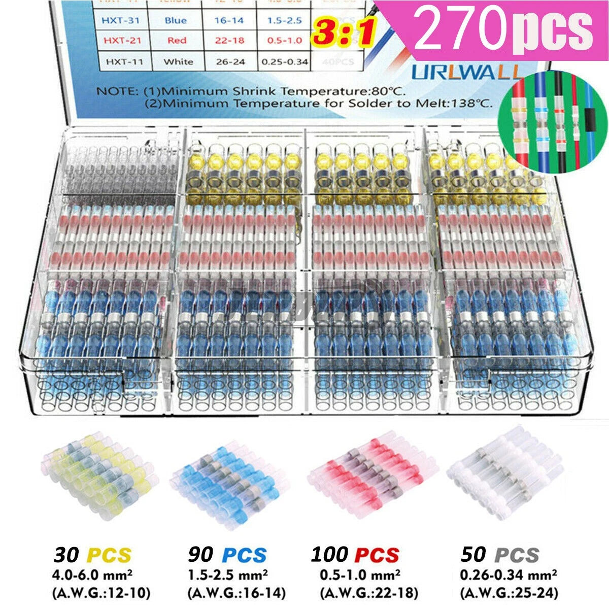 270Pc Waterproof Heat Shrink Wire Butt Terminal Connectors Kit
