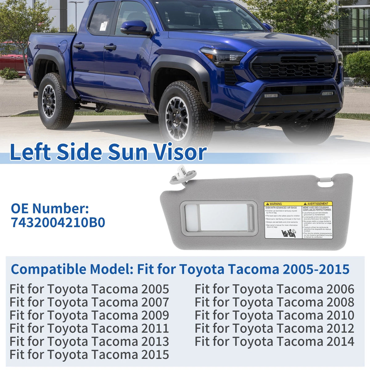 Left Driver Sun Visor for Toyota Tacoma (2005–2015) Gray w/ Vanity Mirror & Light