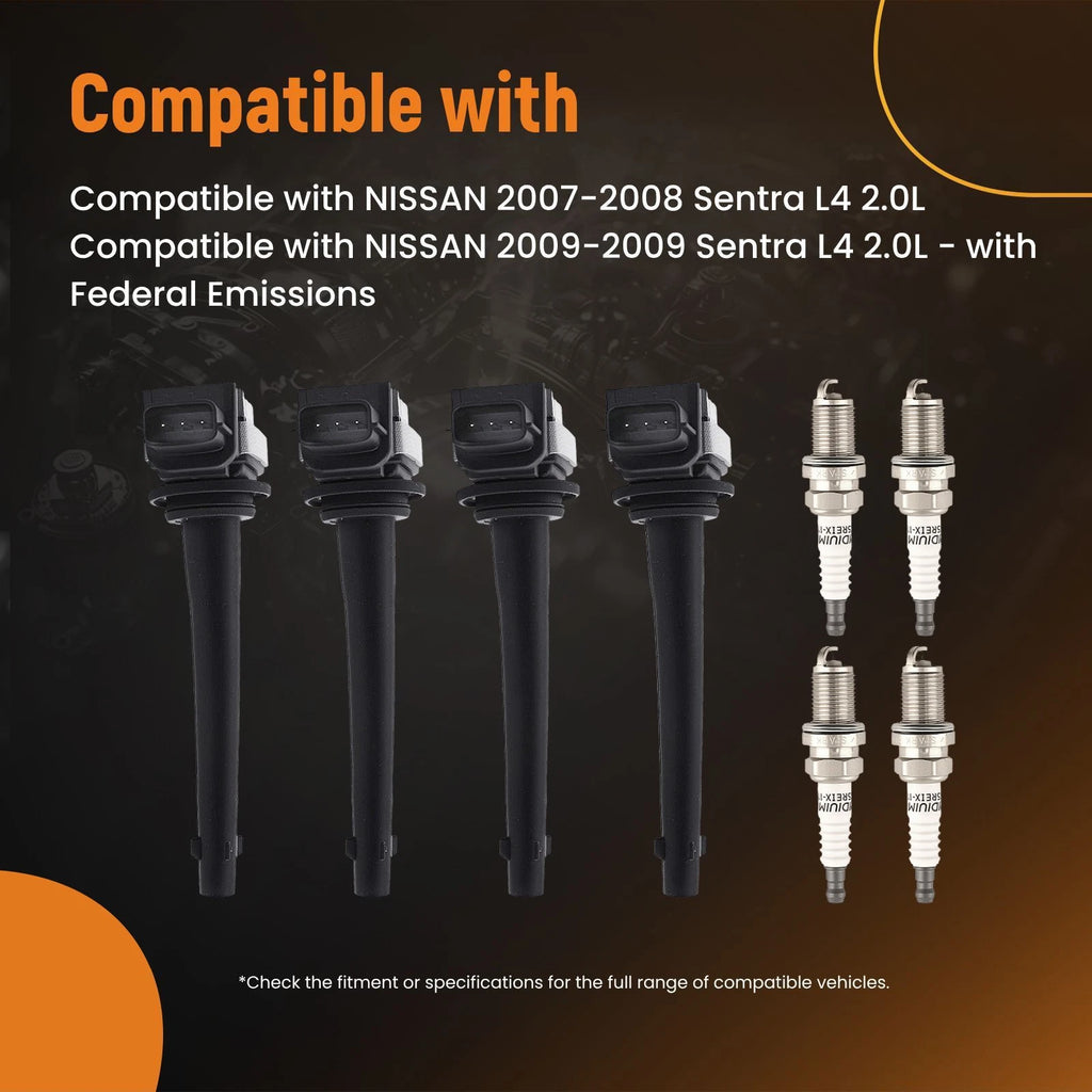 Ignition Coil & Spark Plug Bundle 4X for Nissan Sentra 2.0L (2007–2009)