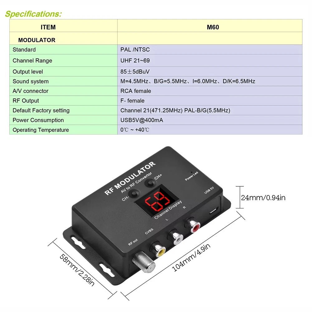 M60 RF Modulator for Home TV (Configurable NTSC, USB Powered)