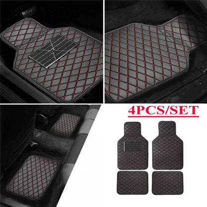 Set of 4 PU Leather Floor Mats for Car (Black with Red Stitching)