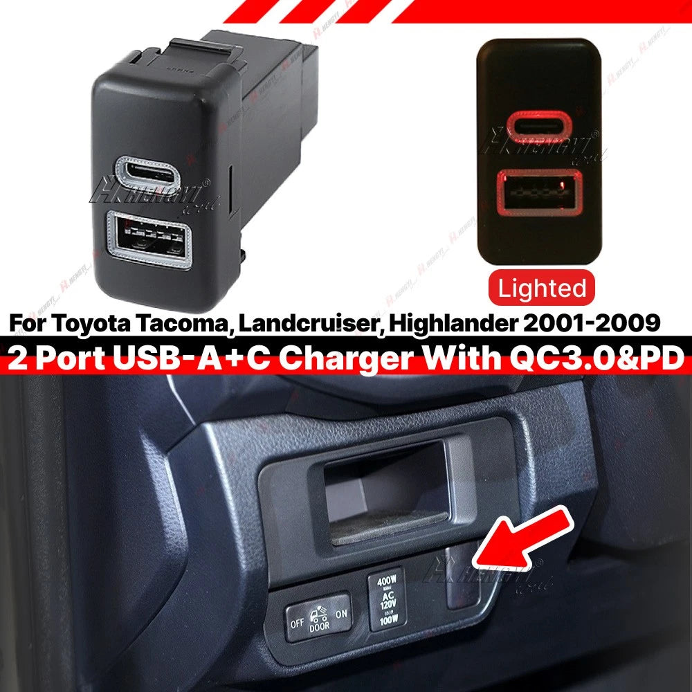 USB-C/A PD QC3.0 Charger Upgrade Kit for Toyota Land Cruiser 100 (1998–2007)