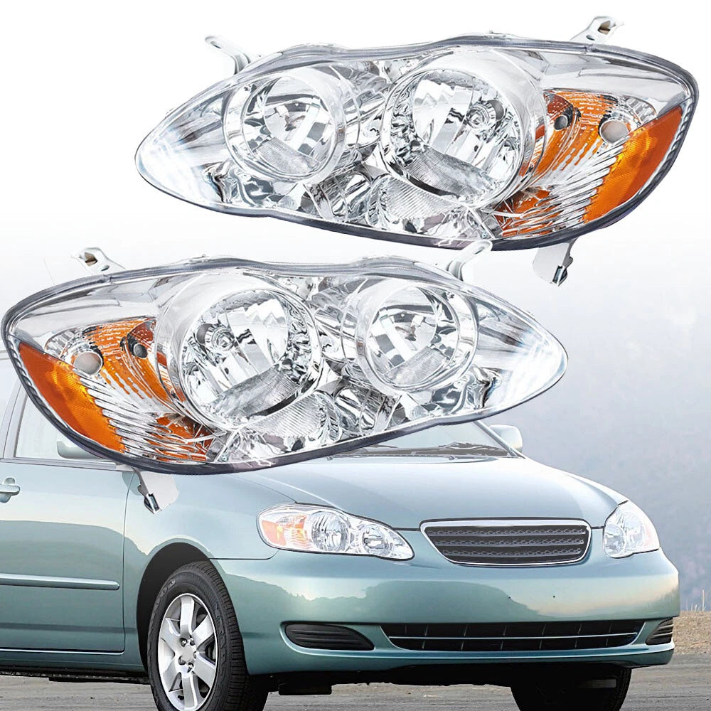 Headlight Assembly Halogen for Toyota Corolla (2003–2008) Left + Right Pair Chrome