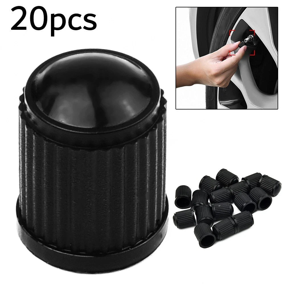 Set of 20 Valve Caps for Car Tyres - Black Plastic Dome Shape