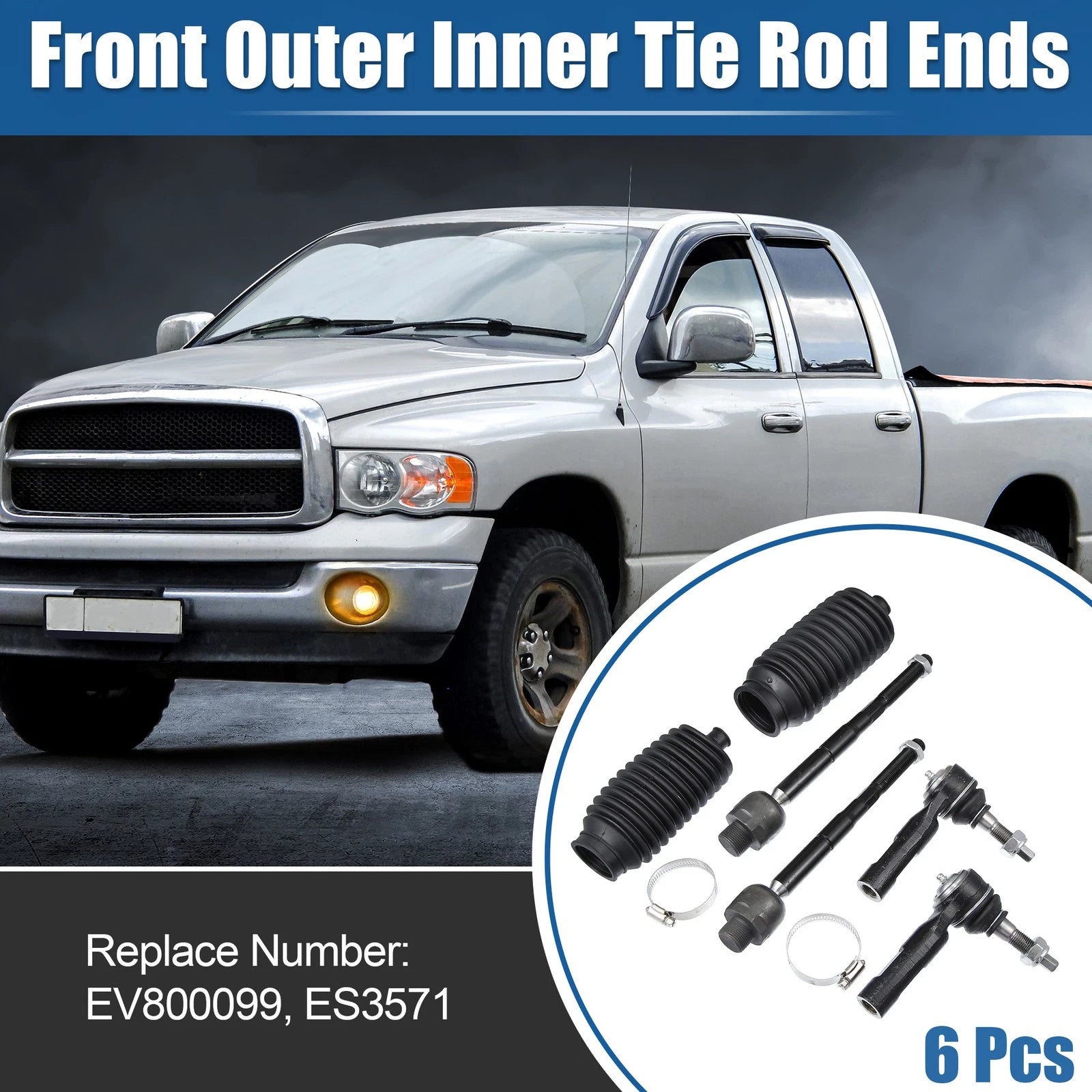6 Piece Front Inner Outer Tie Rod End Links Replacement for Dodge Dakota (2005–2010)
