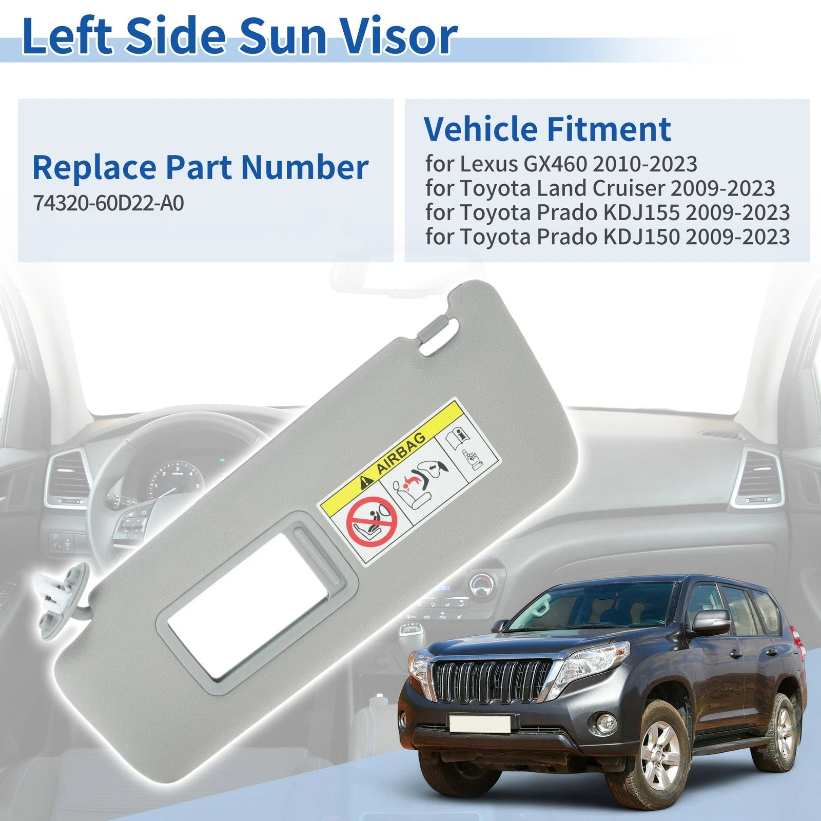 Left Side Sun Visor Replacement for Lexus GX460 (2010–2023) Gray
