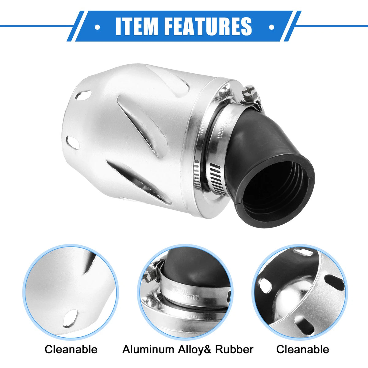 Air Filter for Universal Motorcycle (35mm ID, 140x70mm) Aluminum Alloy Silver