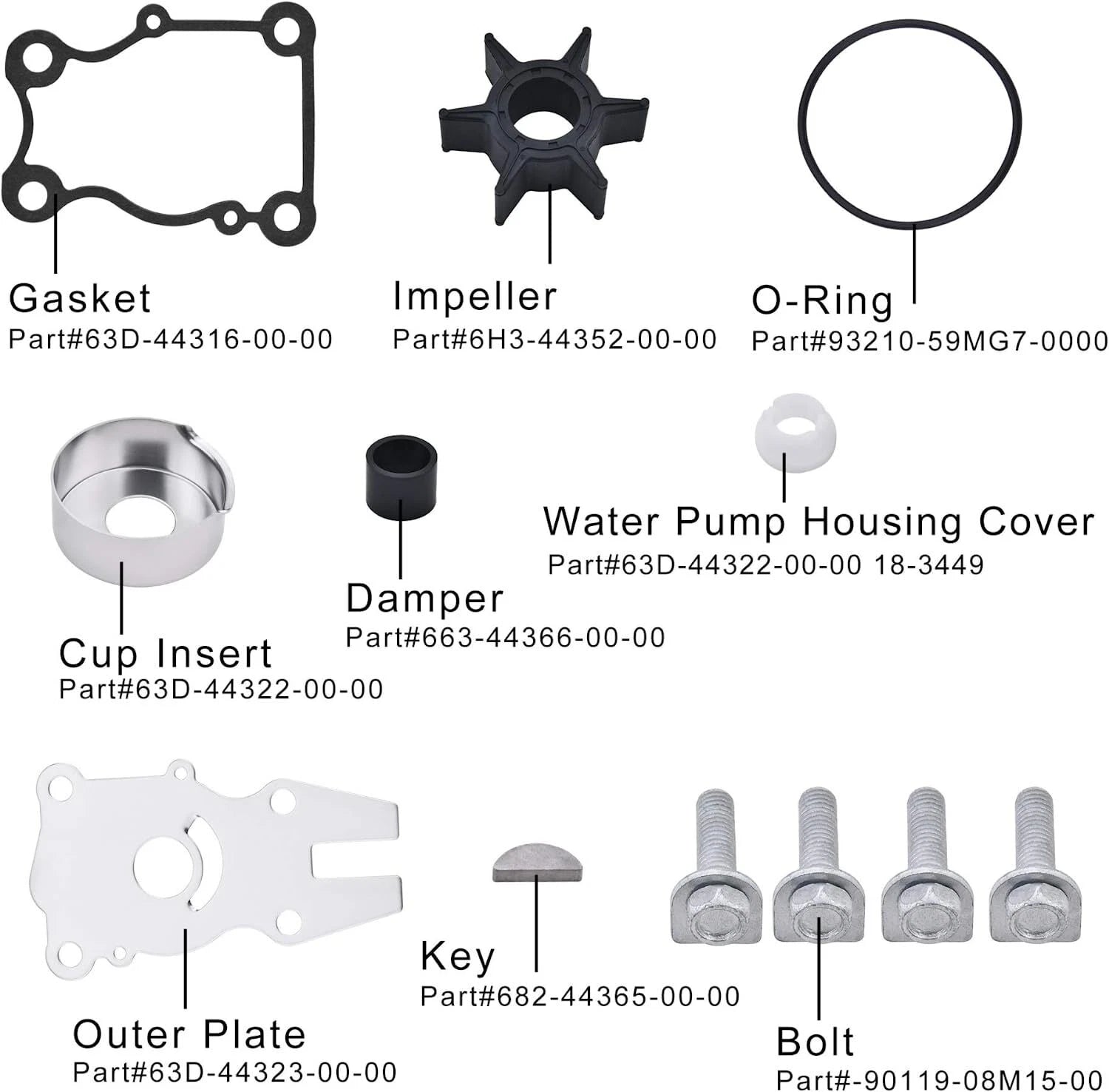 Water Pump Impeller Kit for Yamaha 4-Str F 40 50 60 HP Outboard (63D-W0078-00)