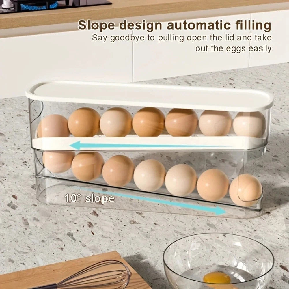 Egg Storage Holder for Refrigerator (Automatic Rolling, Space Saving)