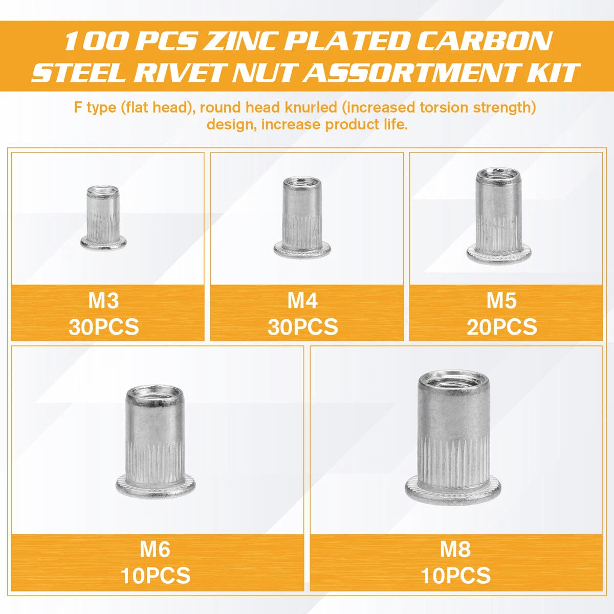 100PCS Aluminum Rivet Nut Kit M3 M4 M5 M6 M8 Nutsert Assortment