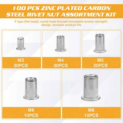 100PCS Aluminum Rivet Nut Kit M3 M4 M5 M6 M8 Nutsert Assortment