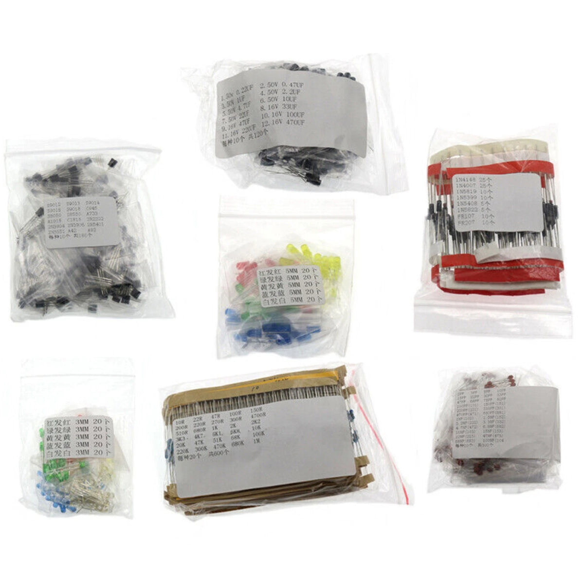 Electronic Component Kit: Transistor, Capacitor, Diode, LED, Resistor