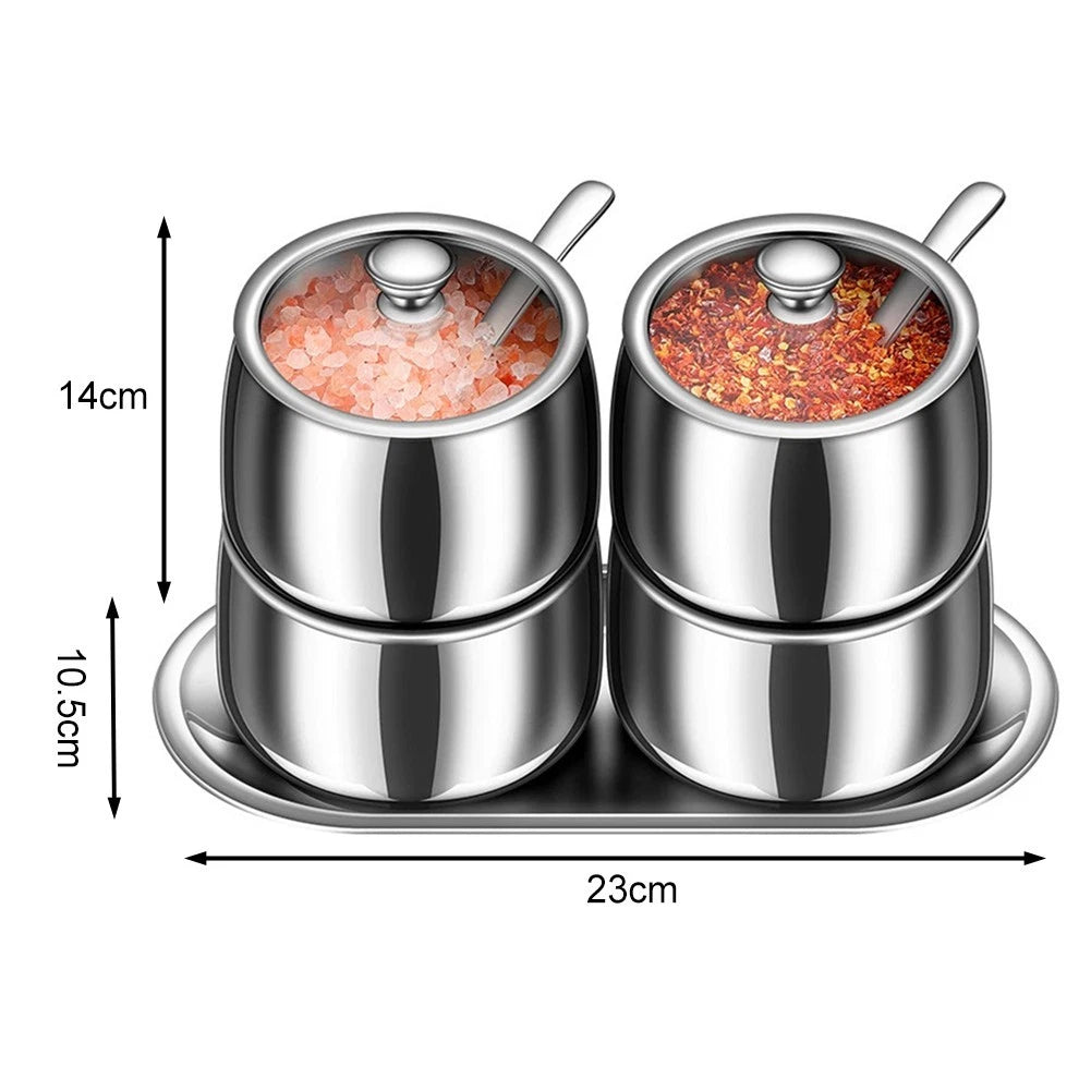 4 Piece Stainless Steel Spice Jar Set with Lids and Tray