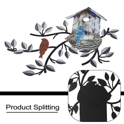 Wall Art Metal Decor with Birdhouse and Birds - Brown Hanging Design