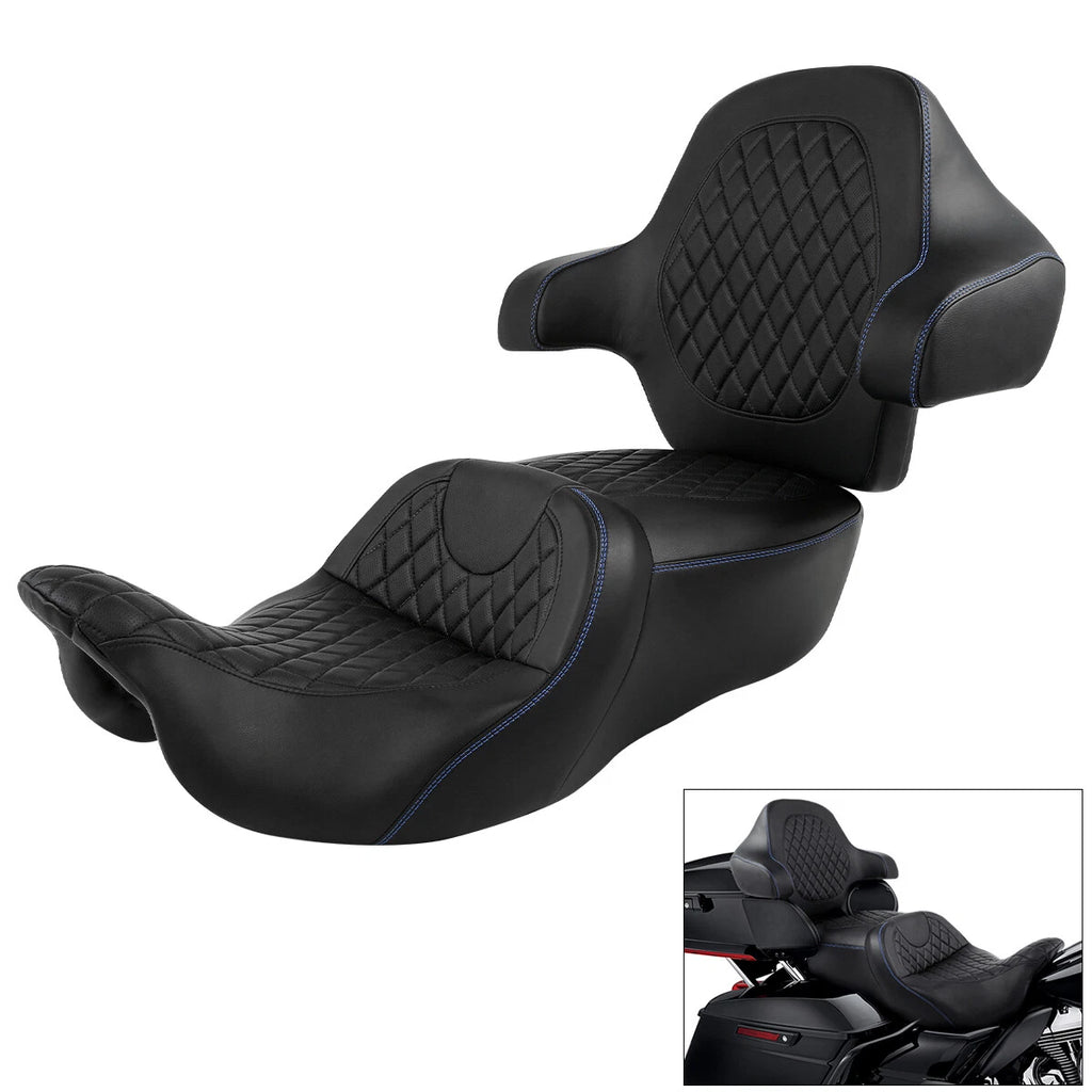 Driver Passenger Seat & Backrest for Harley Touring (2014–2023) Black Blue