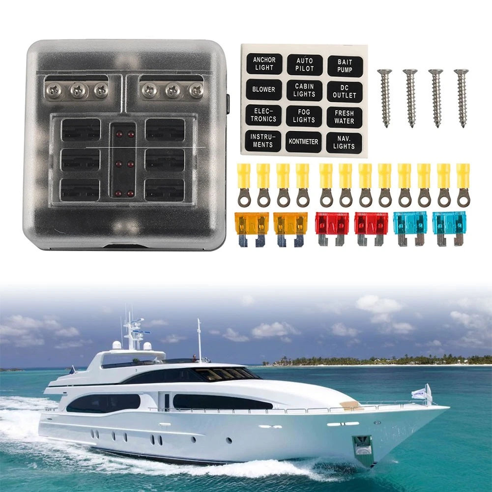 6-Way Fuse Box Holder for Marine (LED Warning Light Cover)