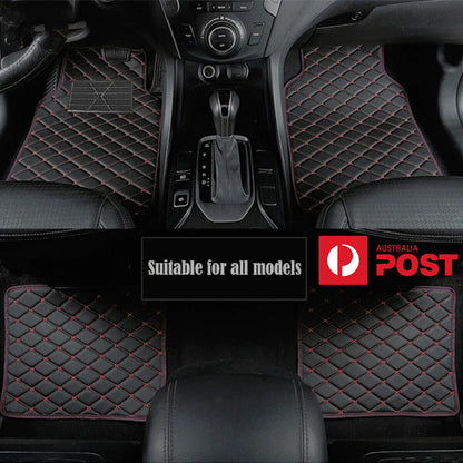 Set of 4 PU Leather Floor Mats for Car (Black with Red Stitching)