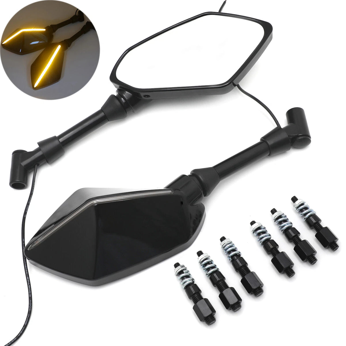 LED Signal Integrated Black Motorcycle Rear View Side Mirrors Universal 10mm 8mm