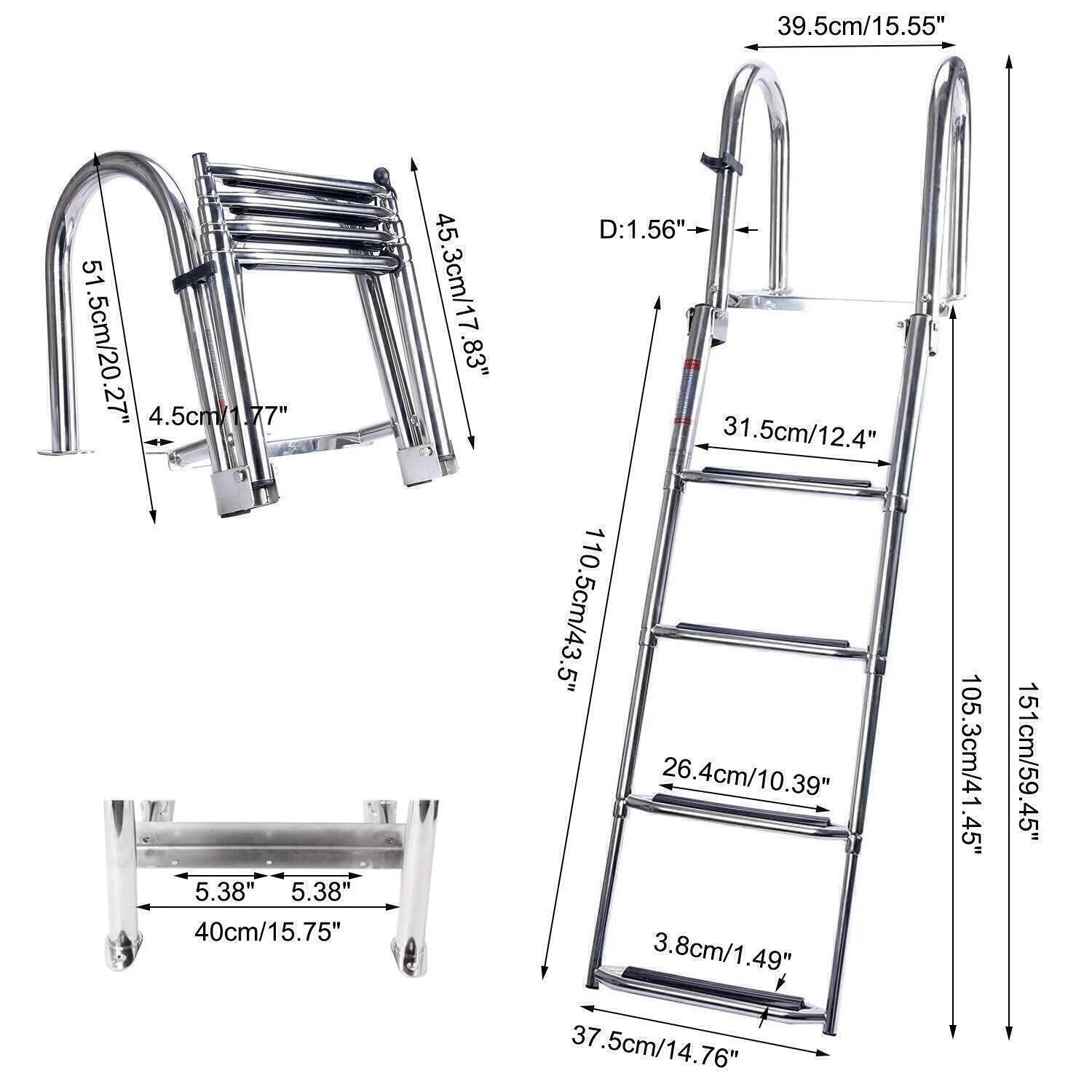 4 Step Telescoping Folding Boat Ladder for Marine Dock Yacht (Stainless Steel)
