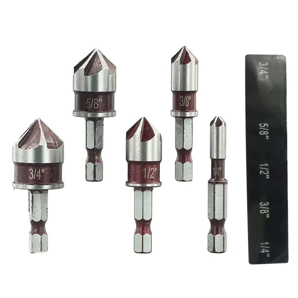 Set of 5 Flute Countersink Drill Bits 82 Degree Hex Shank 1/4 to 3/4