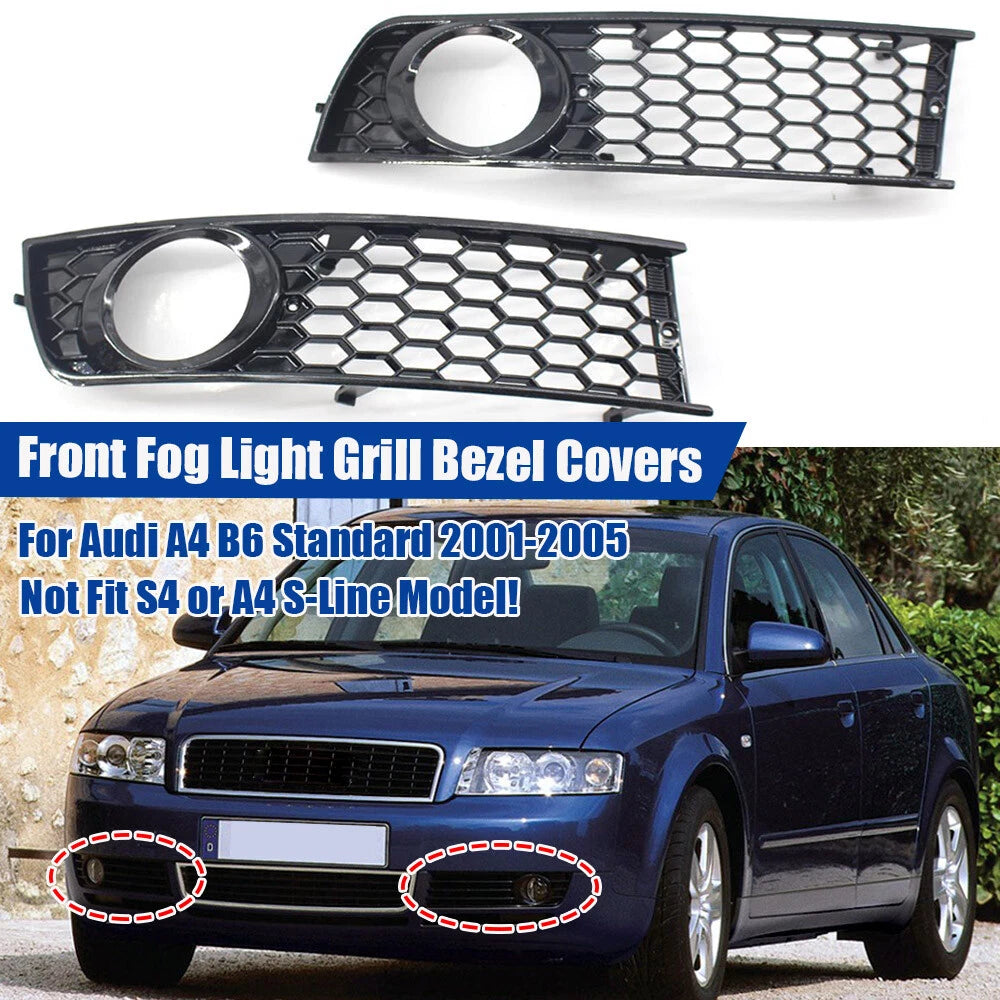 2X Honeycomb Bumper Fog Light Lamp Grille Bezel Cover for Audi A4 B6 (2001–2005)