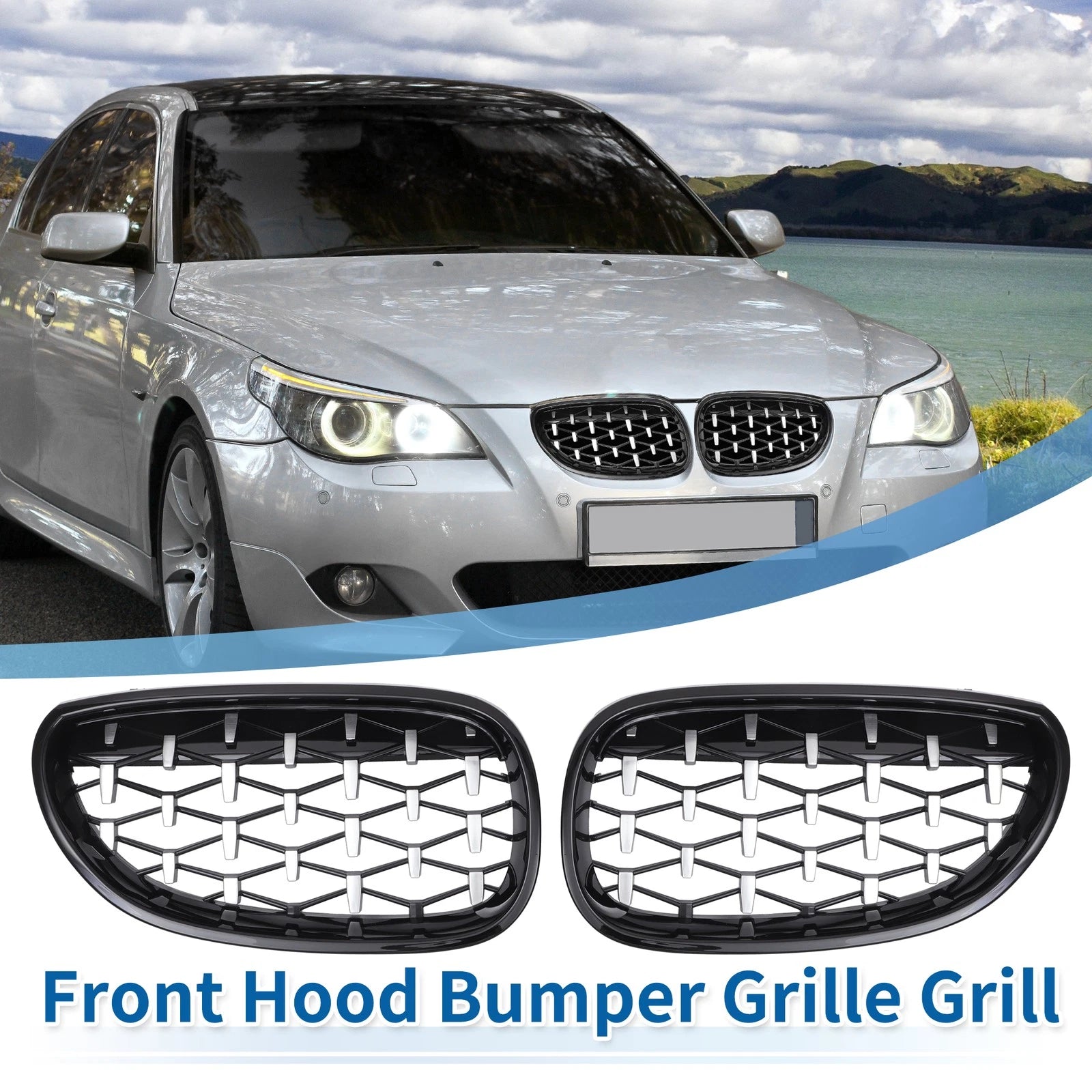 Hood Bumper Grille Pair Diamond Front for BMW 5 Series (2004–2009)
