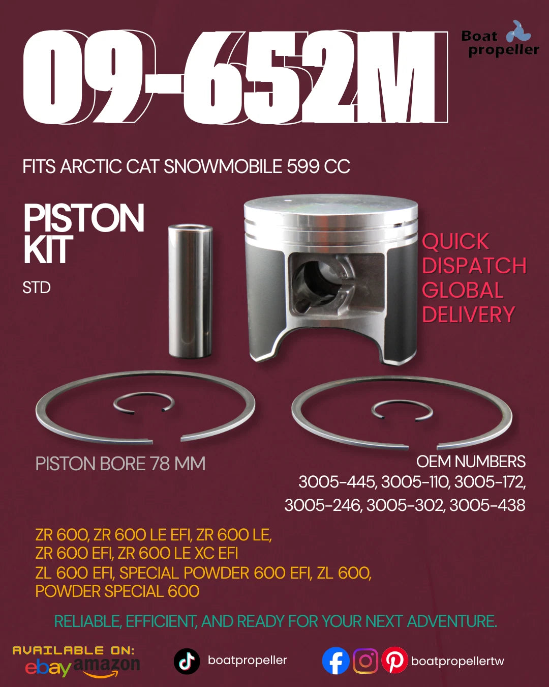 Piston Kit STD 09-652M, 3005-445 with Ring for Arctic Cat 600 ZL/ZR (1999–2002)