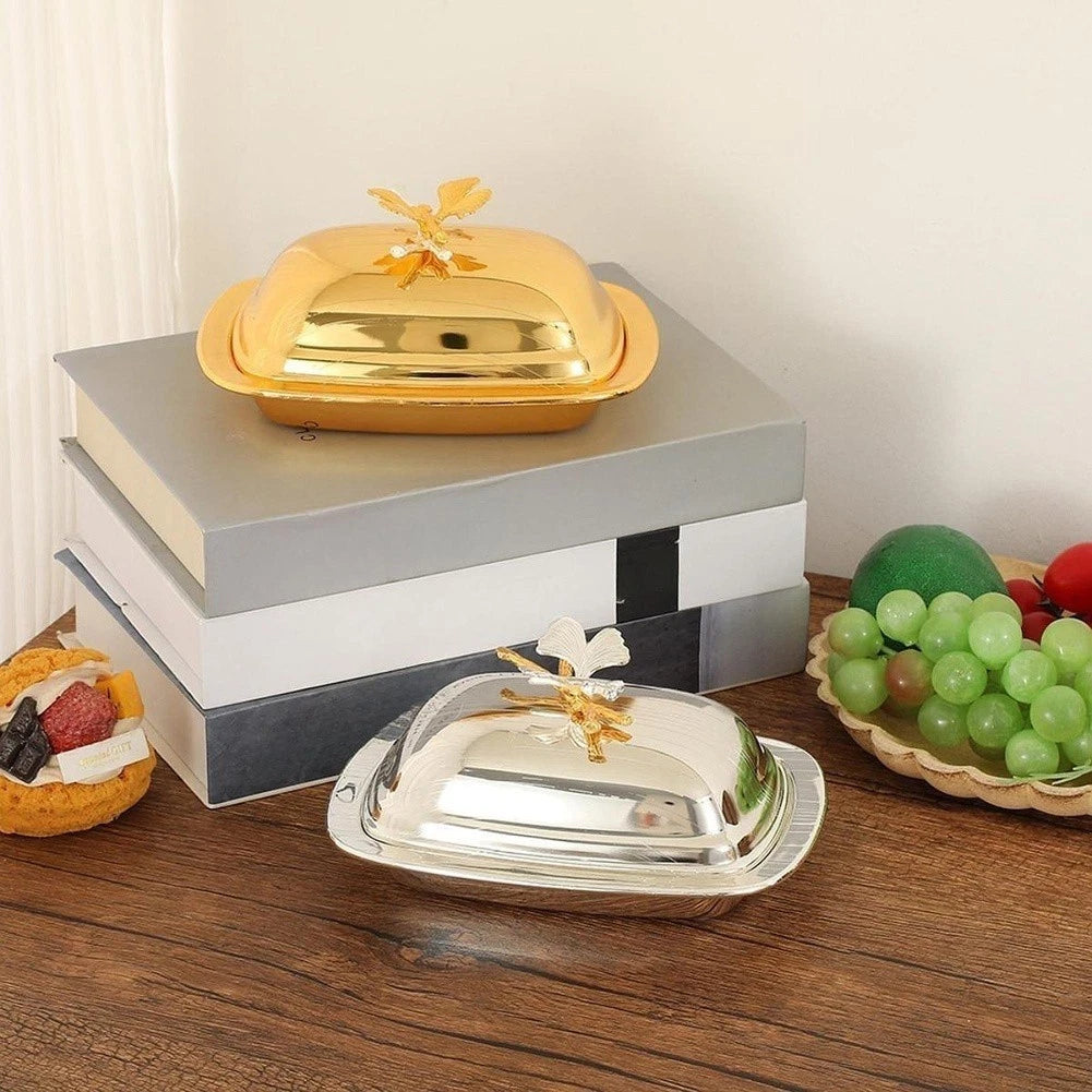 Rounded Metal Butter Container with Ginkgo Leaf Pattern Lid for Tabletop Use