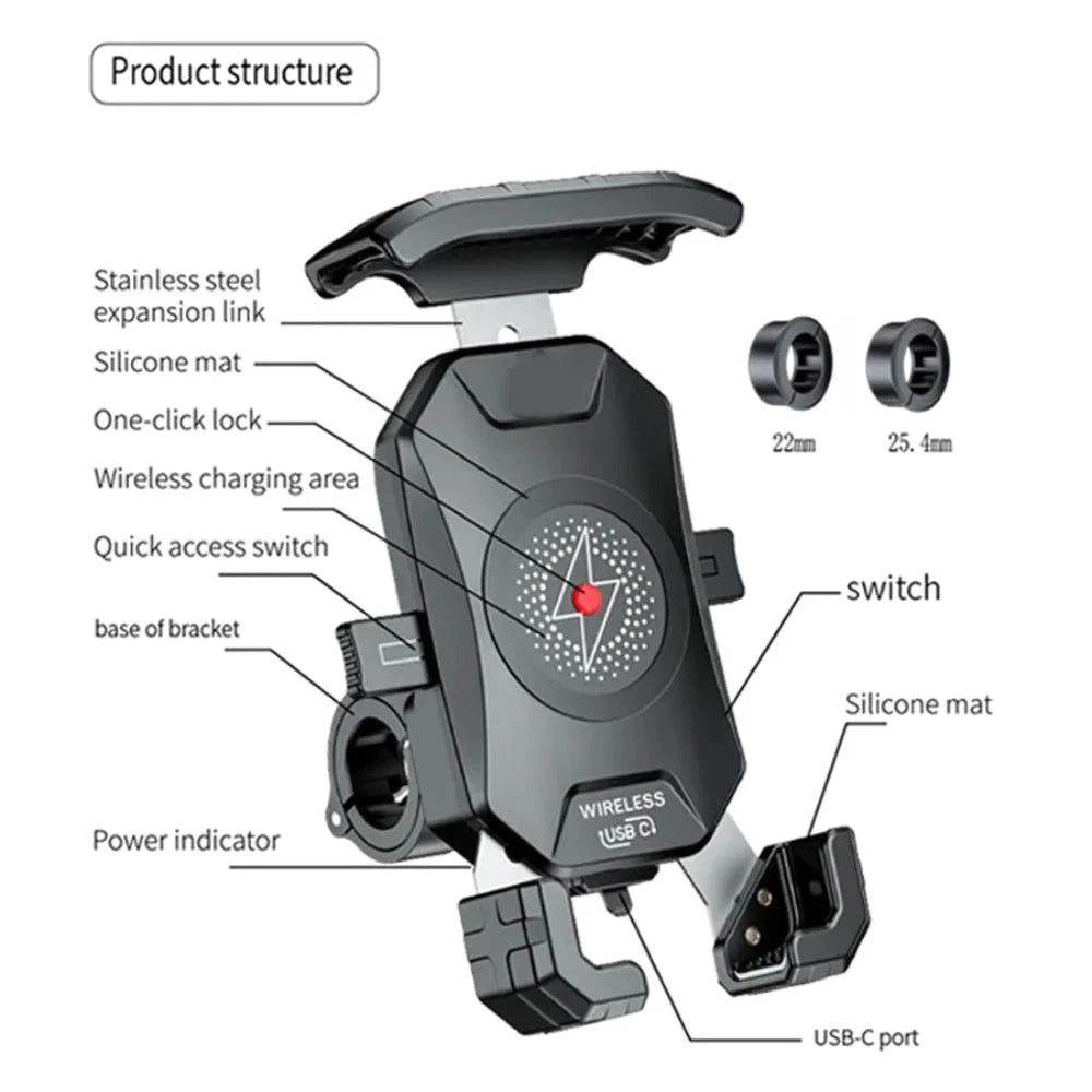 Motorcycle Phone Holder for Universal Fit (360° Rotation, QC 3.0 USB)