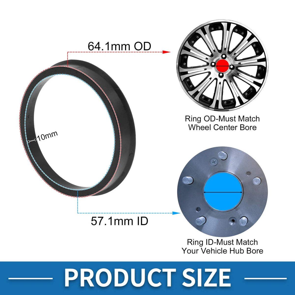 Set of 4 Hub Centric Rings for Car (OD 64.1mm to ID 57.1mm) Black Polycarbonate