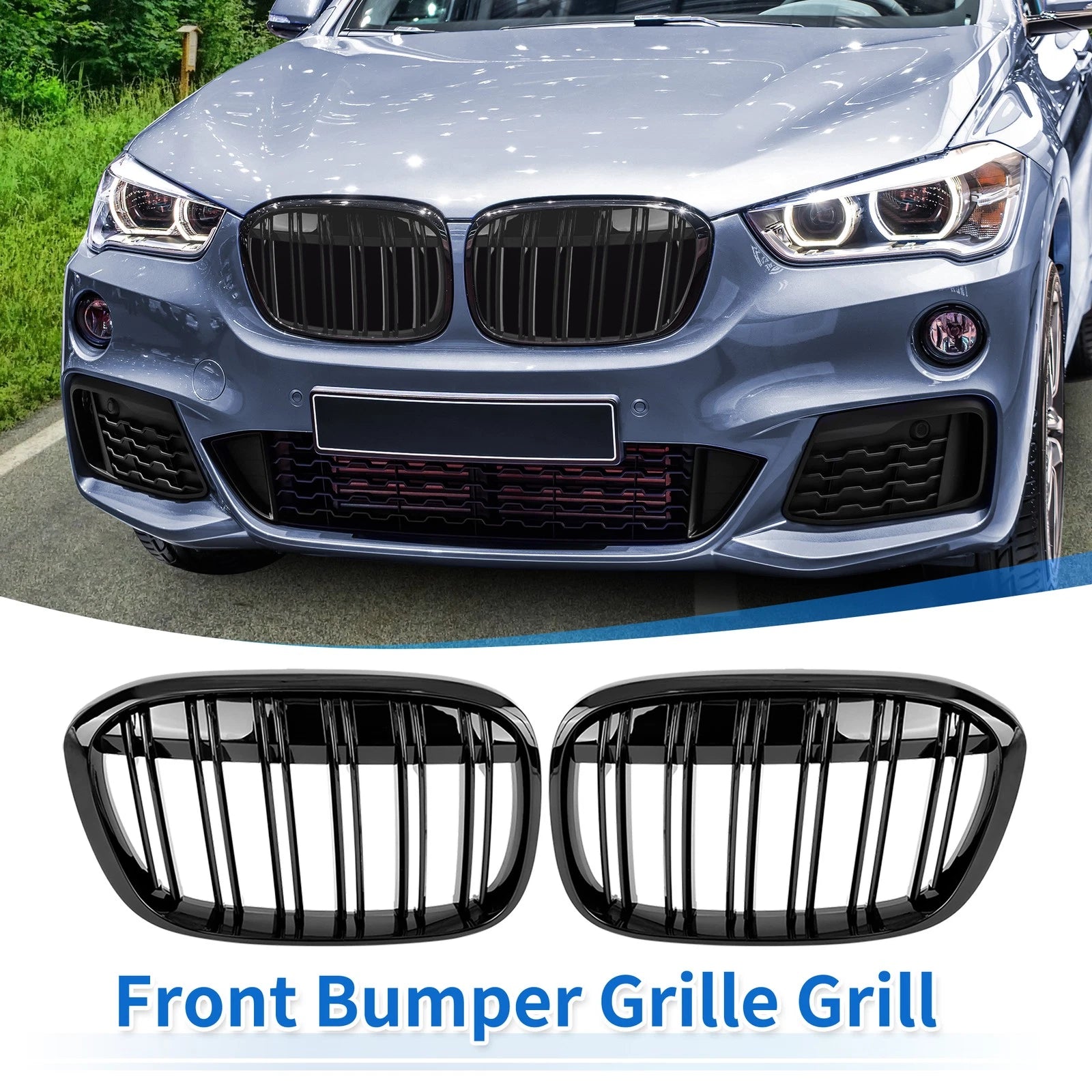 Glossy Black Kidney Grille Front Replacement for BMW X1 (2016–2017) 4D