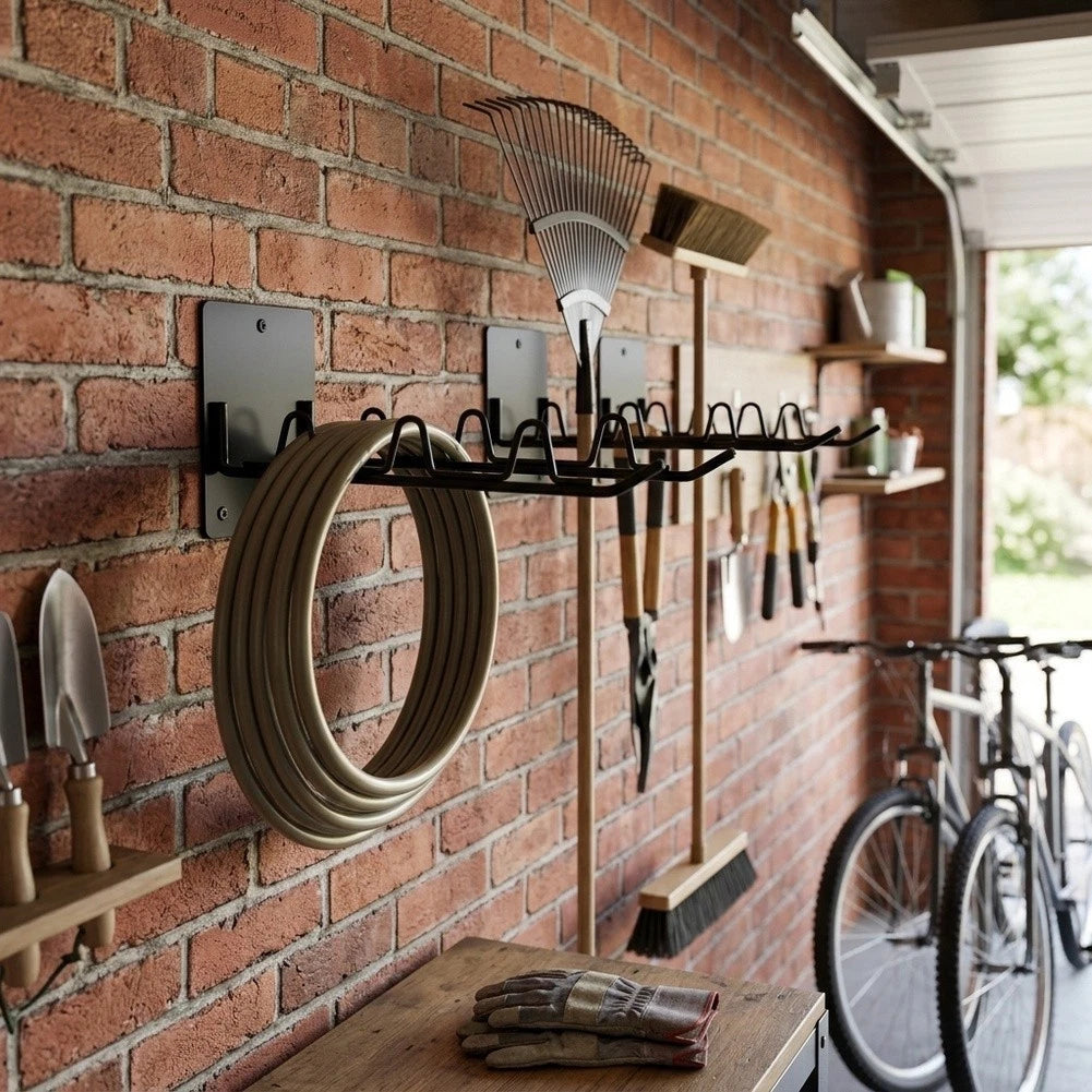 Black Iron Wall Mount Tool Rack for Garden Shovels Rakes Brooms