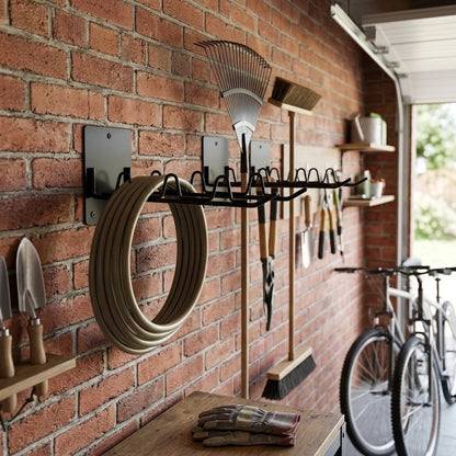 Black Iron Wall Mount Tool Rack for Garden Shovels Rakes Brooms