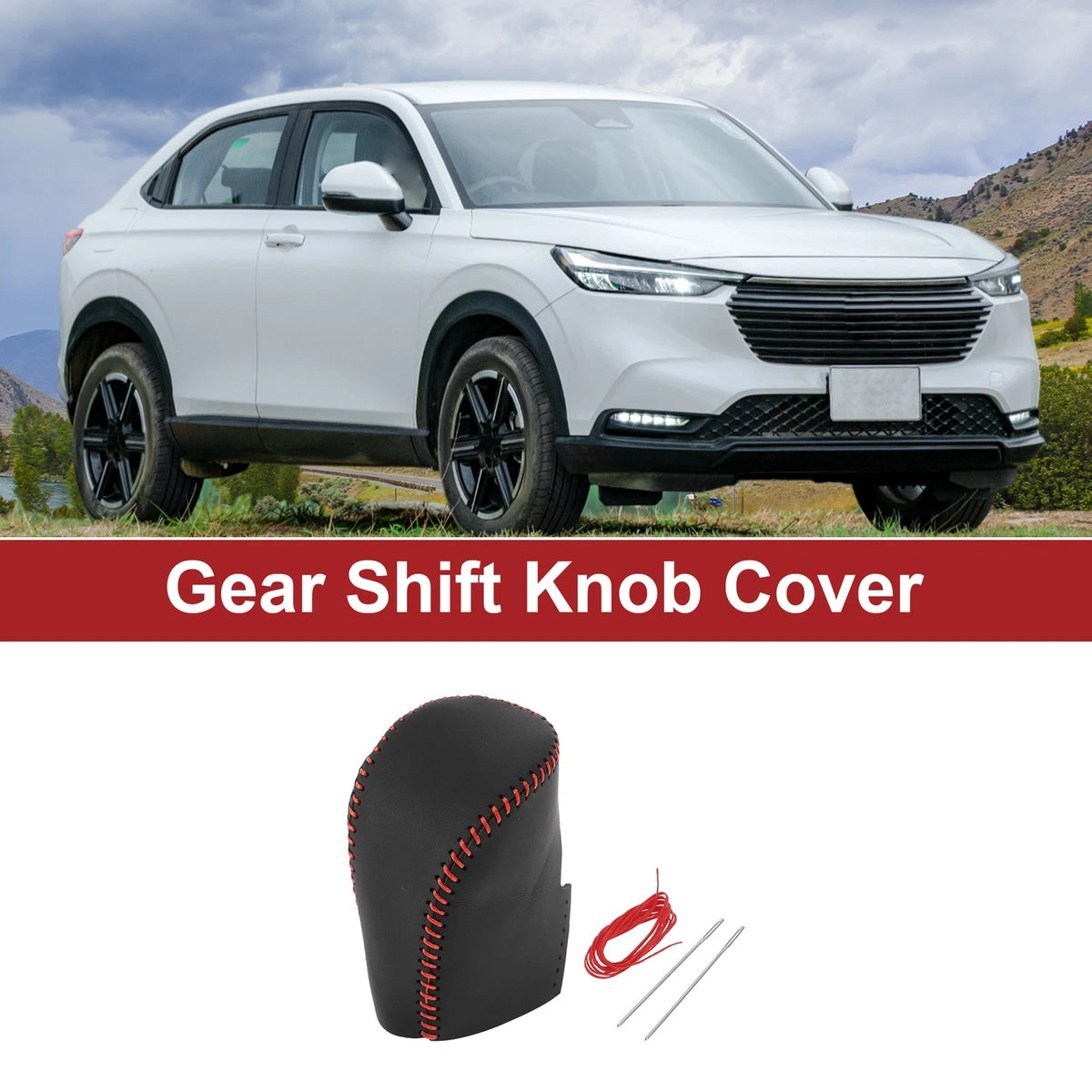 Gear Shift Knob Cover Replacement for Honda HR-V (2023–2024) Black Red Faux Leather