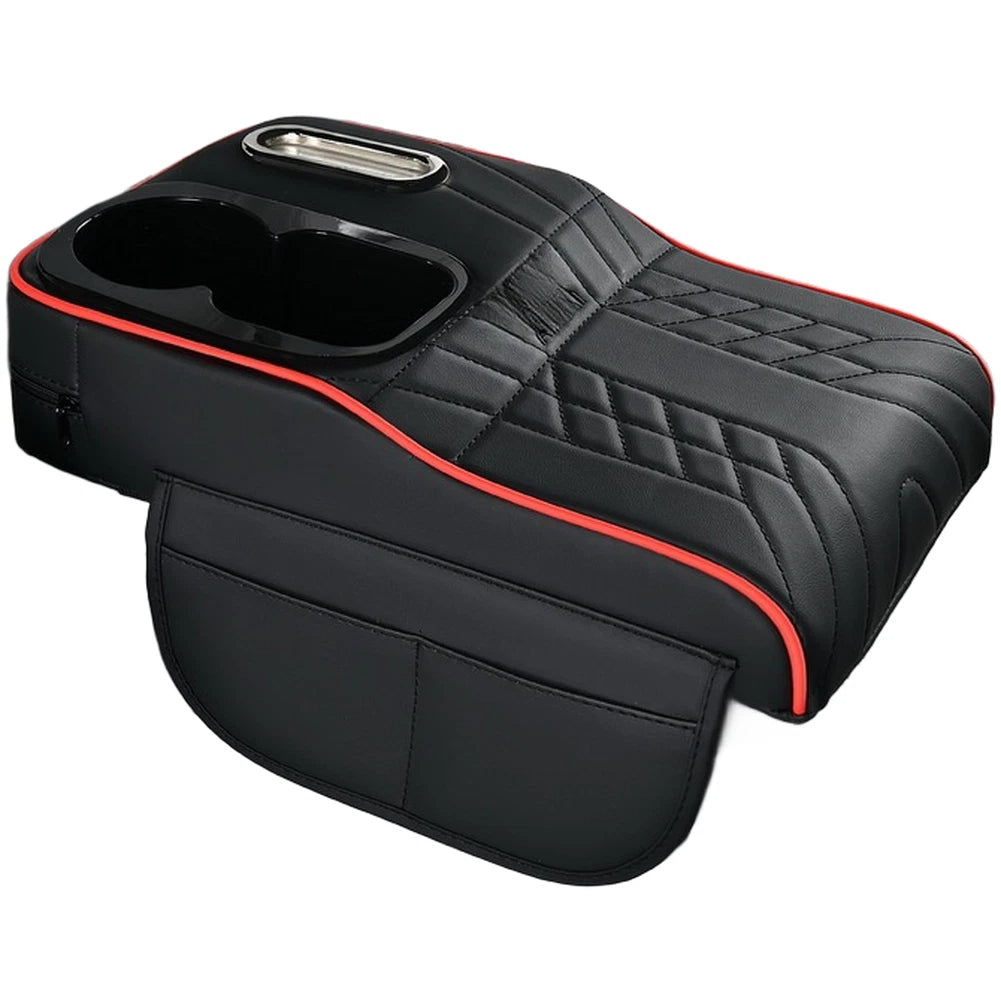 Leather Armrest Cushion with Storage & Cup Holder for Car