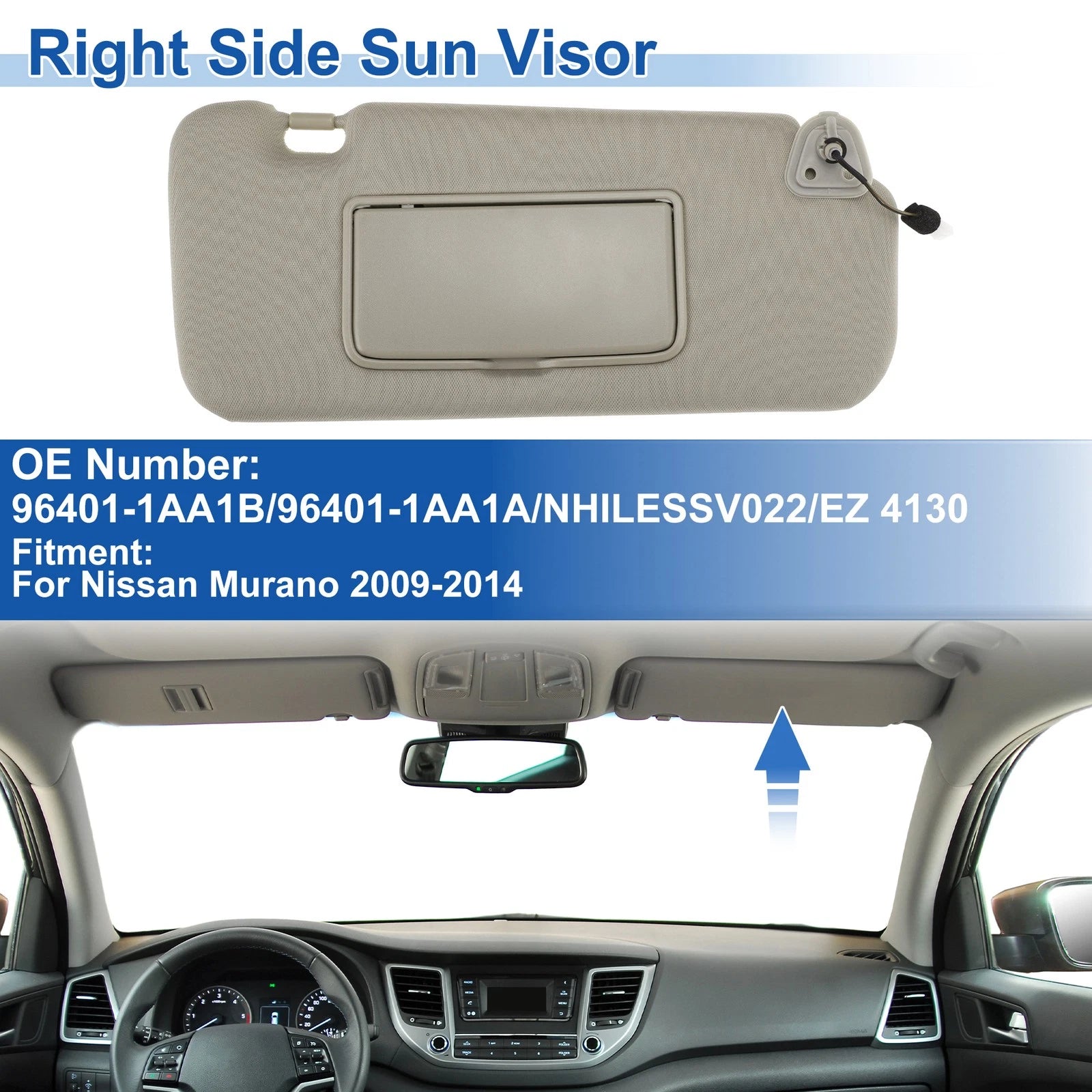Right Side Sun Visor for Nissan Murano (2009–2014) Replace No. 96401-1AA1B Beige