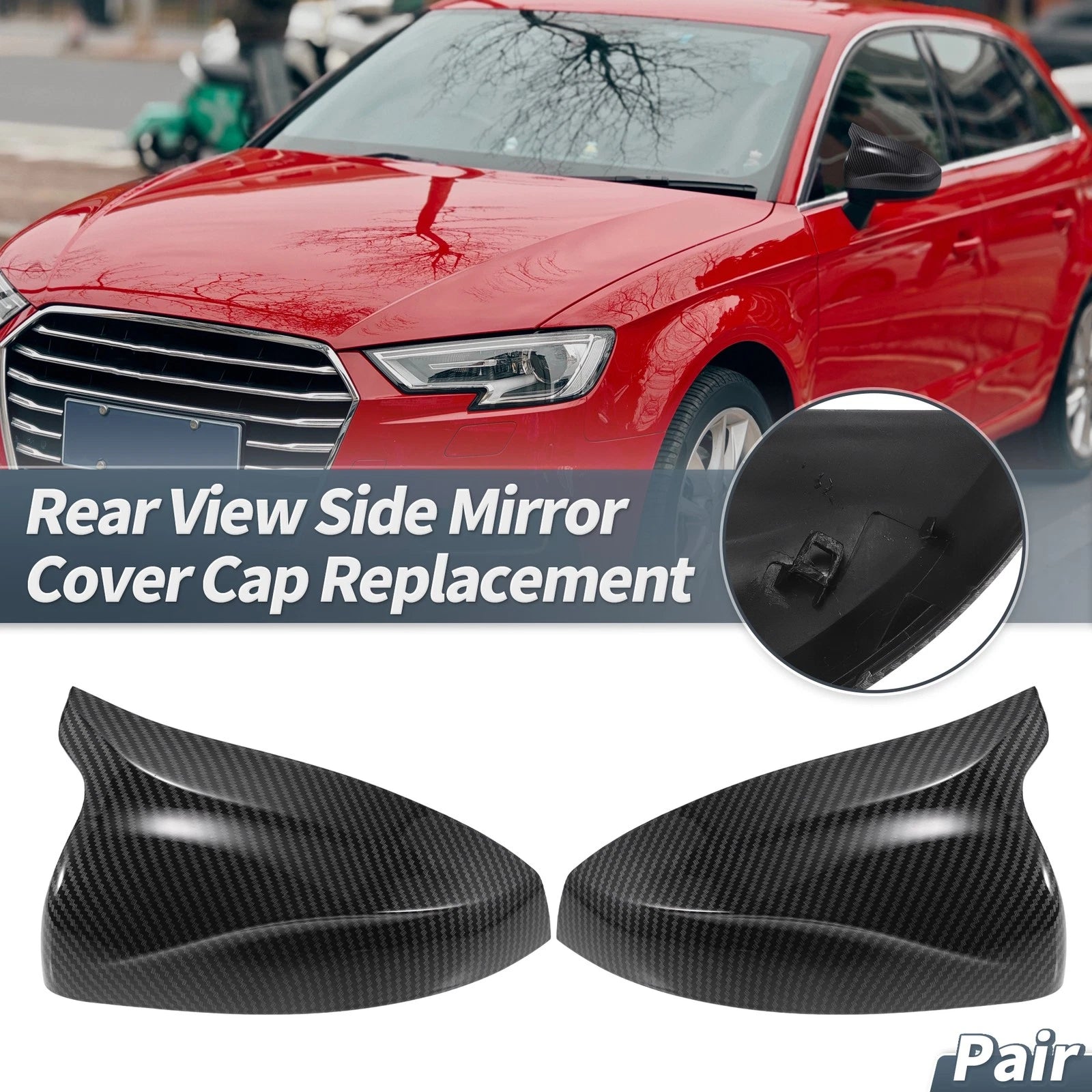 Rearview Mirror Cover Cap Black Carbon Fiber Replacement for Audi A3 S3 (2015–2018)