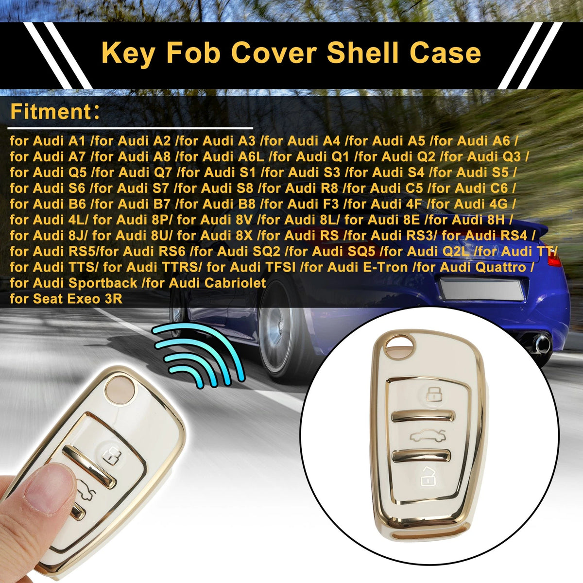 TPU Silicone Car Key Case White Gold Tone for Audi A1 A2 3 Buttons (2010–2018)