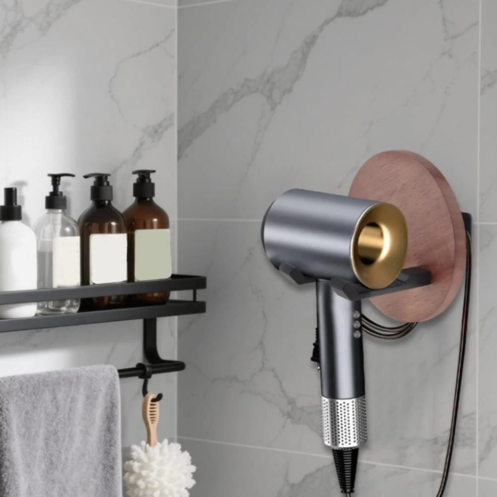 Walnut Hair Dryer Holder Wall Mounted Organizer for Bathroom (No Drill)