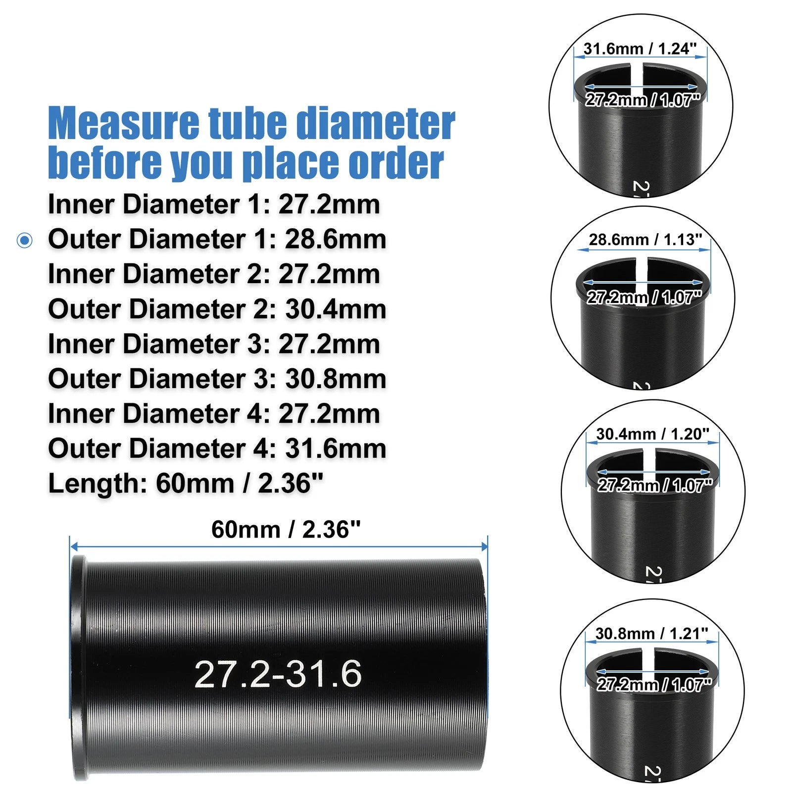 Bicycle Seat Post Tube Adapter 4 Pcs for 27.2–31.6mm Posts (Universal)