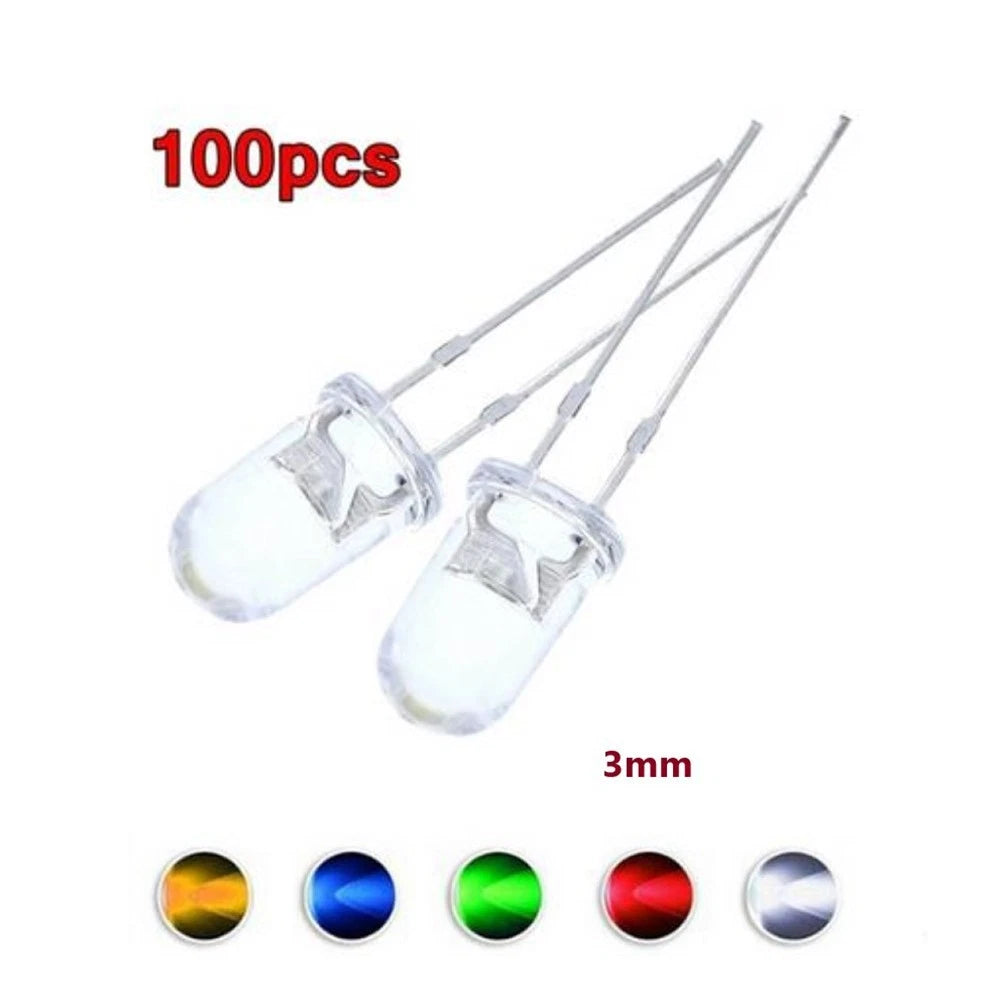 100Pcs 3mm Super-Bright LED Bulbs Red/Blue/Green/White/Yellow