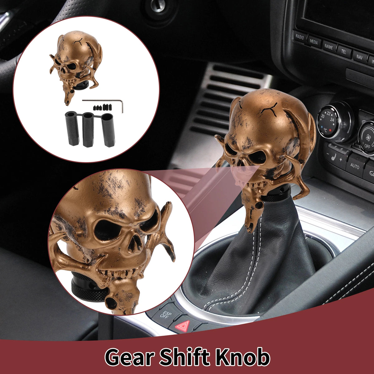 Shift Knob Set of 1 for Universal Vehicles (10cm, Skull, Resin, Copper Tone)
