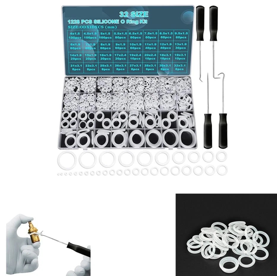 32 Size Silicone O Ring Kit 1228 Pc Clear White with Pick Hook Tool