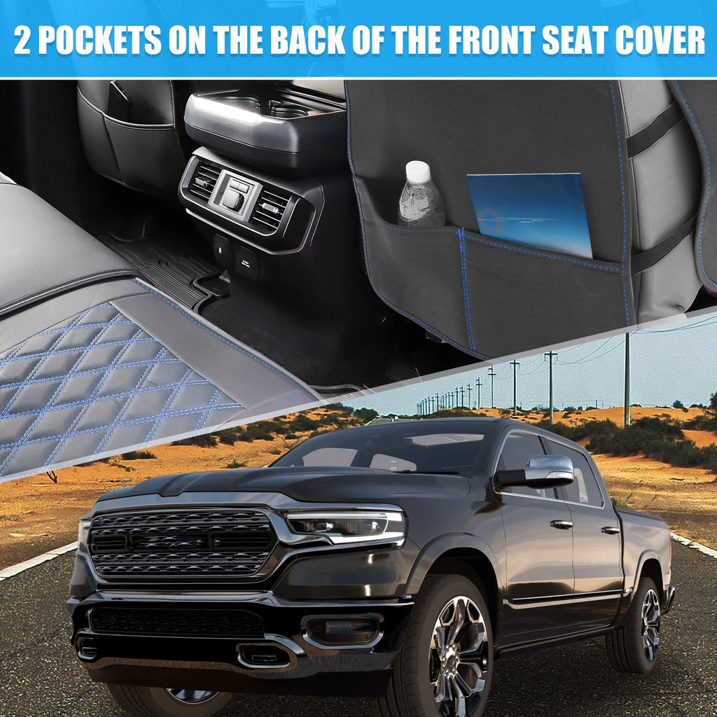 Front Seat Cushion Cover for Dodge Ram 2009–2023 Black Blue Set 2 Pcs