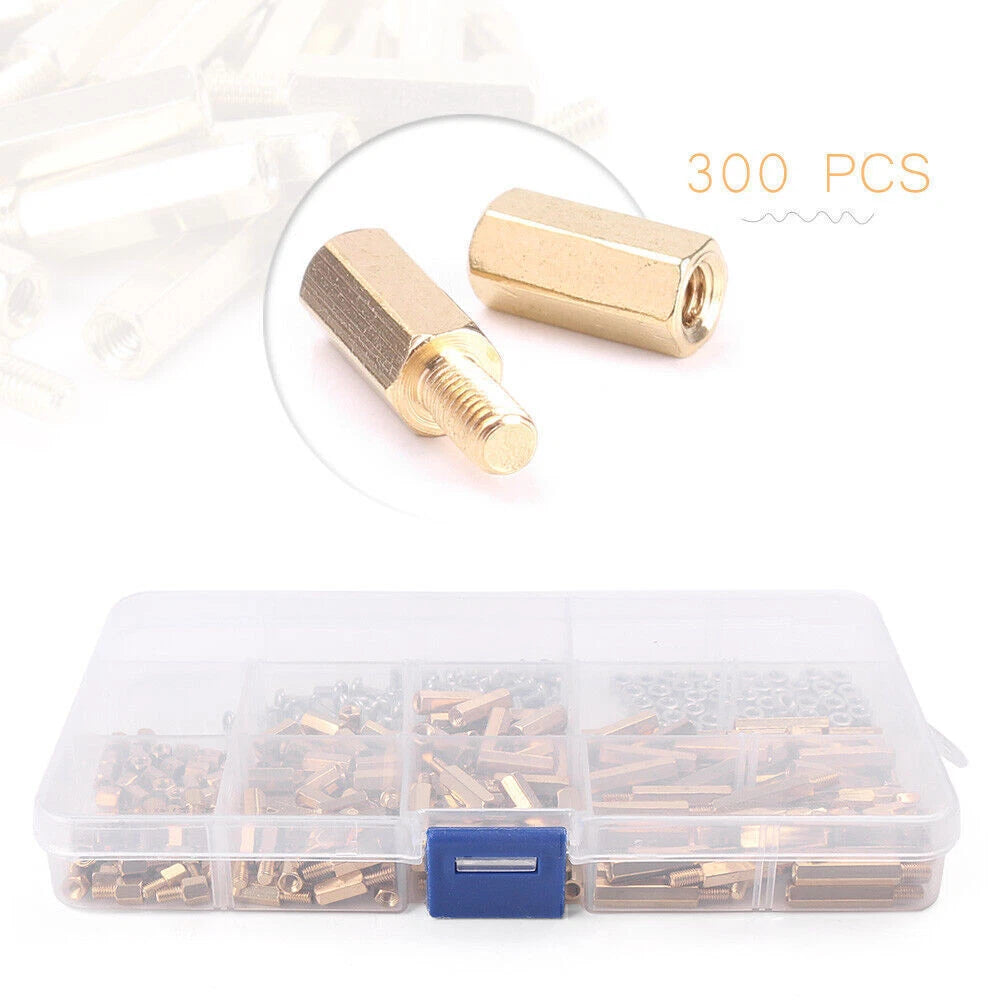 300pcs M3 Brass Hex Column Standoff Spacer Screw Nut Assortment Kit