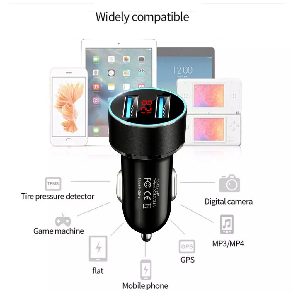 Dual USB Car Phone Charger for Universal Use (3.1A, LED Display)