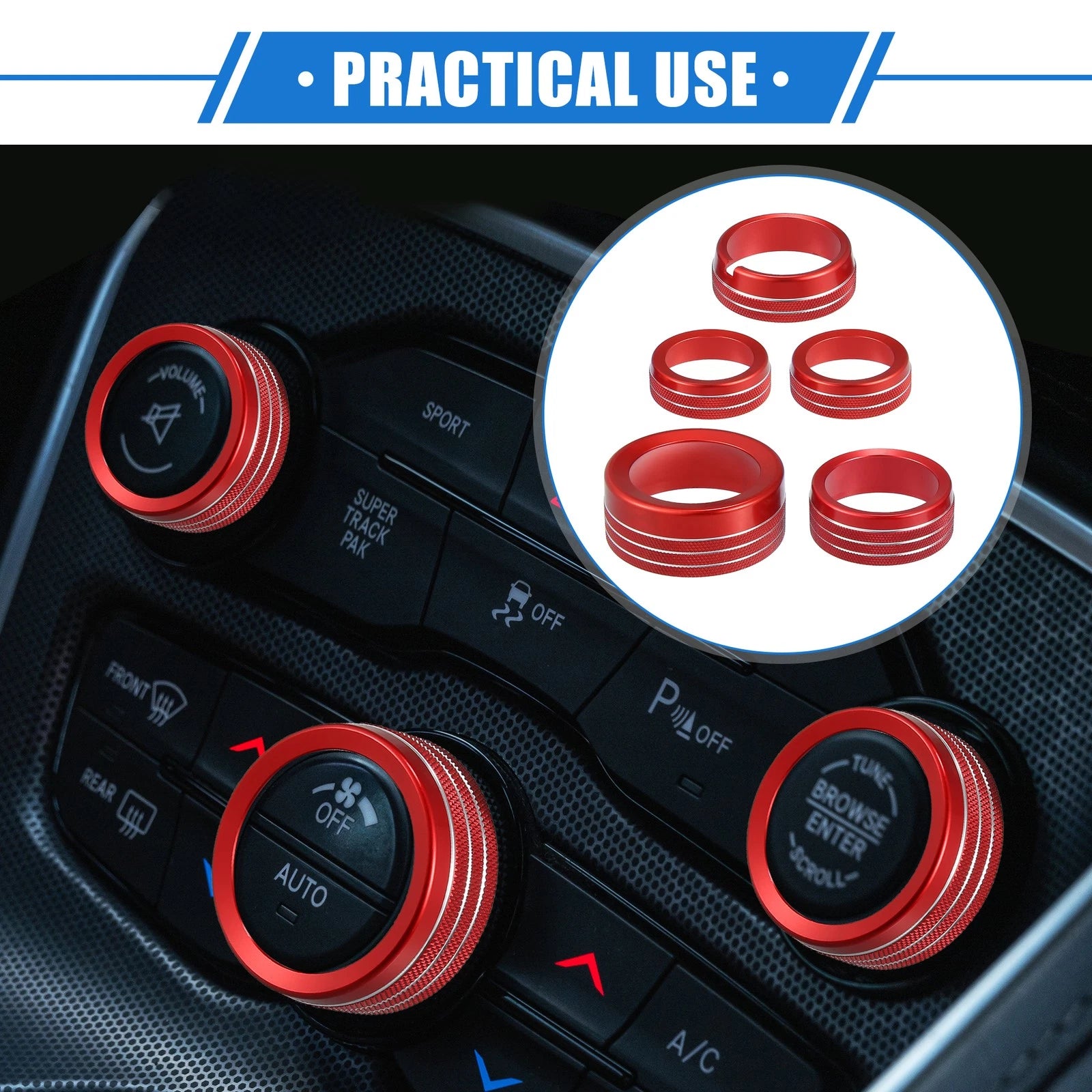 A C Climate Control Knob Ring Set for Chrysler 300 Dodge Challenger Red (5 pcs)
